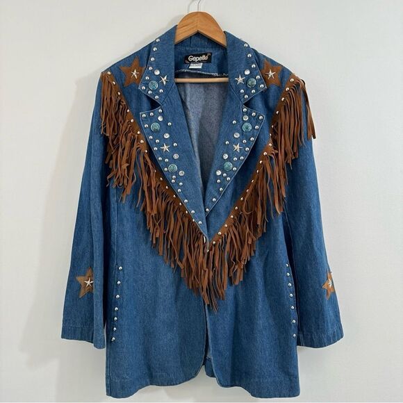 Vintage Denim Fringe Studded Star Western Boho Jacket Festival Gepetto Medium - Picture 1 of 8